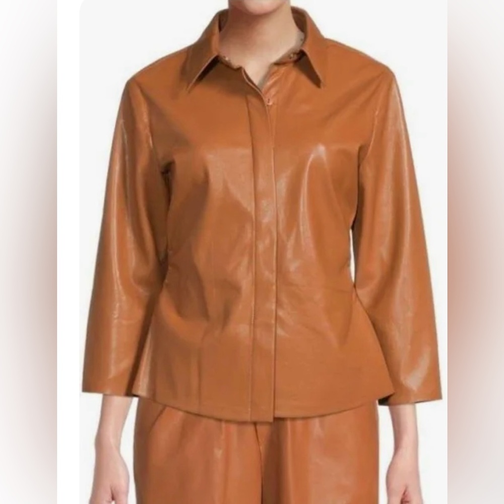 NWOT - ELIE TAHARI Women's Vegan Leather Brown Caramel Button Down Shirt Jacket